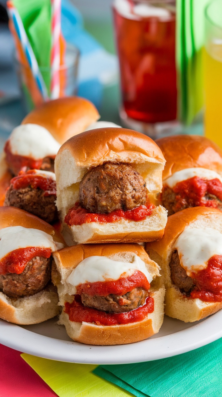Mini meatball sliders with marinara sauce and cheese on a plate, set in a vibrant game day scene.